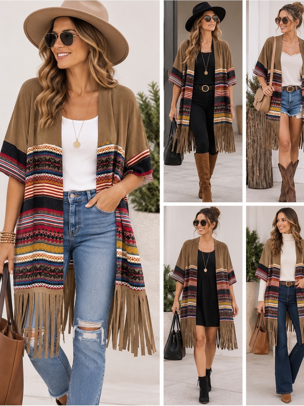 Boho Fringe Open-Front Poncho Shrug in Brown with Multicolor Stripes